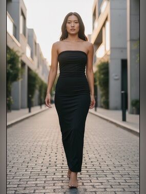 Pretty Little Thing Petite 00 Bandeau Jersey Strapless Black MIDI Dress NWT 💞